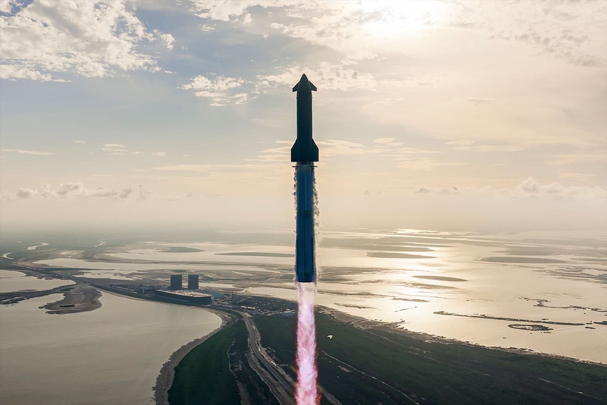 Starship climbs away from the Boca Chica launch site over the Gulf.